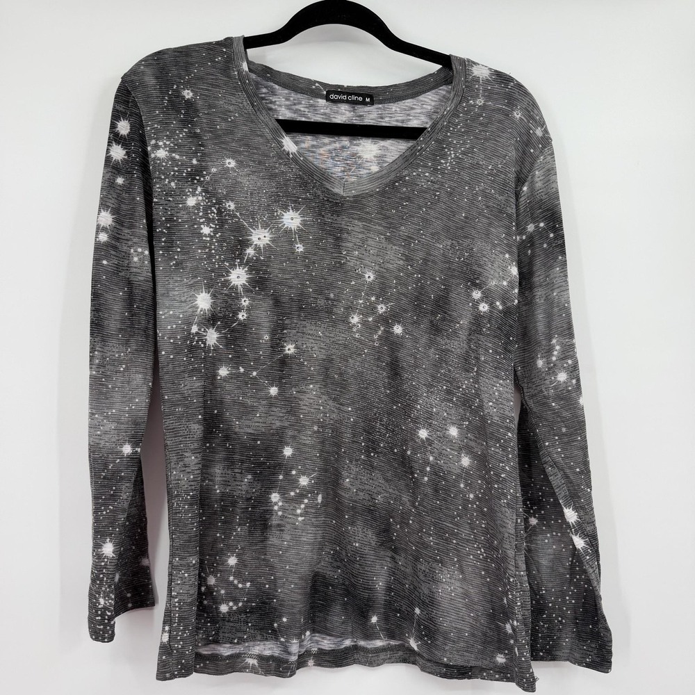 DAVID CLINE Top Shirt Womens Medium Gray Long Sleeve Galaxy Rhinestone Print